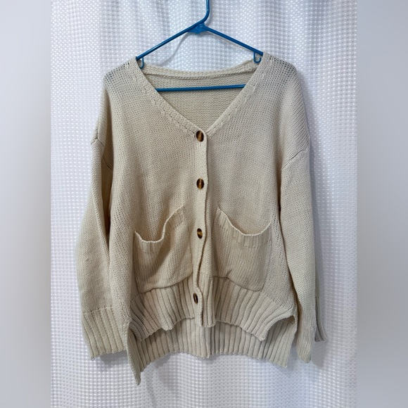 Button Front Patch Pocket Drop Shoulder Cardigan. Cream. Size Large. - Picture 6 of 15